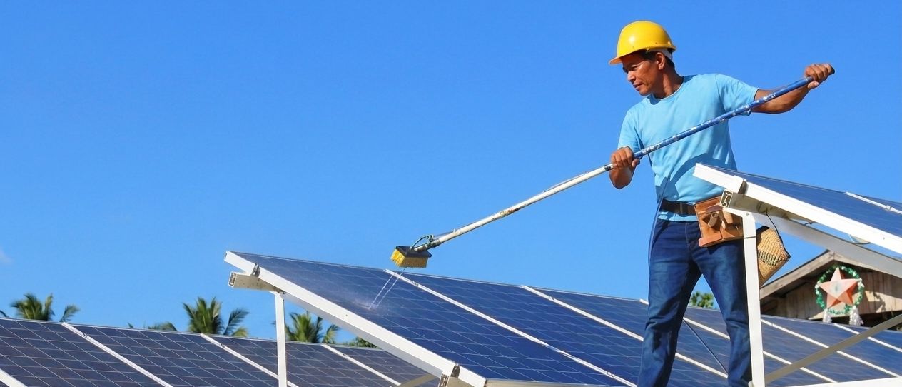 A technician brushing down a roof array under a clear sky