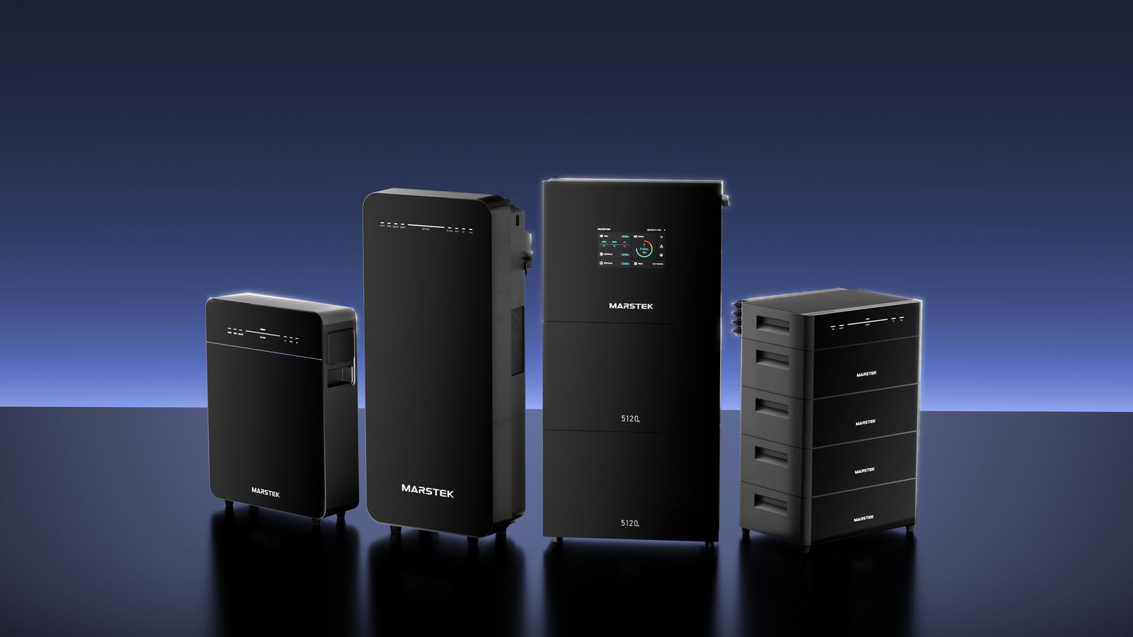 The Marstek range: Venus E, Mars I Plus, V6000 and a stacked battery tower