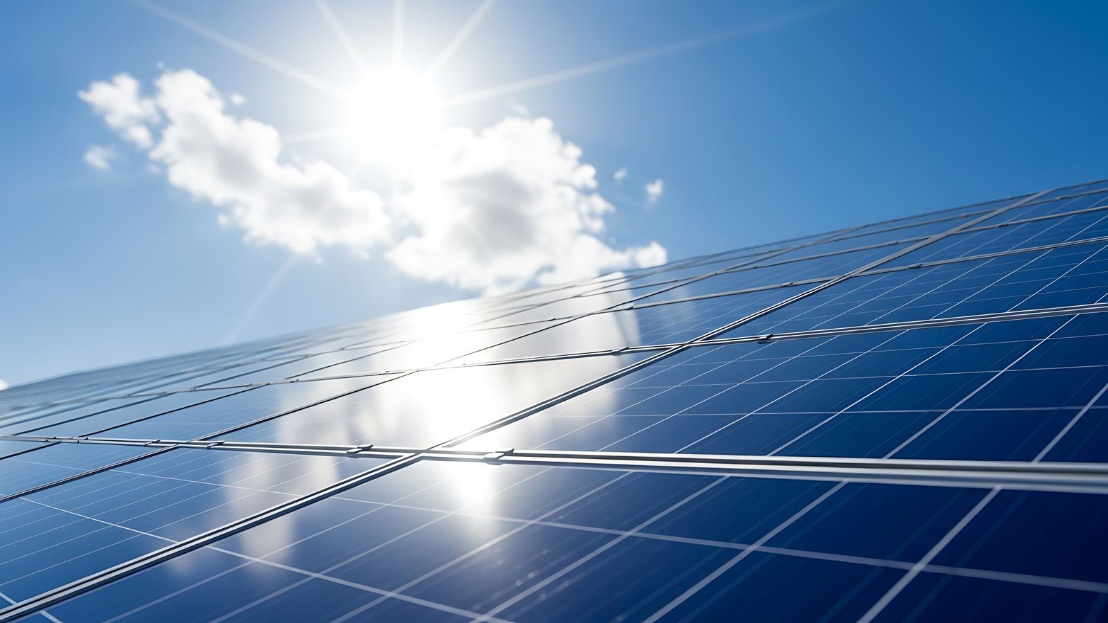 Rooftop panels reflecting a bright sky